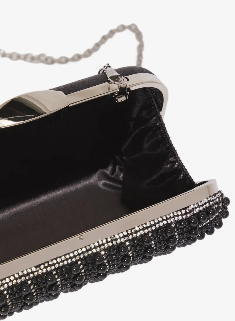 Khizana Black pearl detailed embellished black accent clutch for Women | Best Price UAE